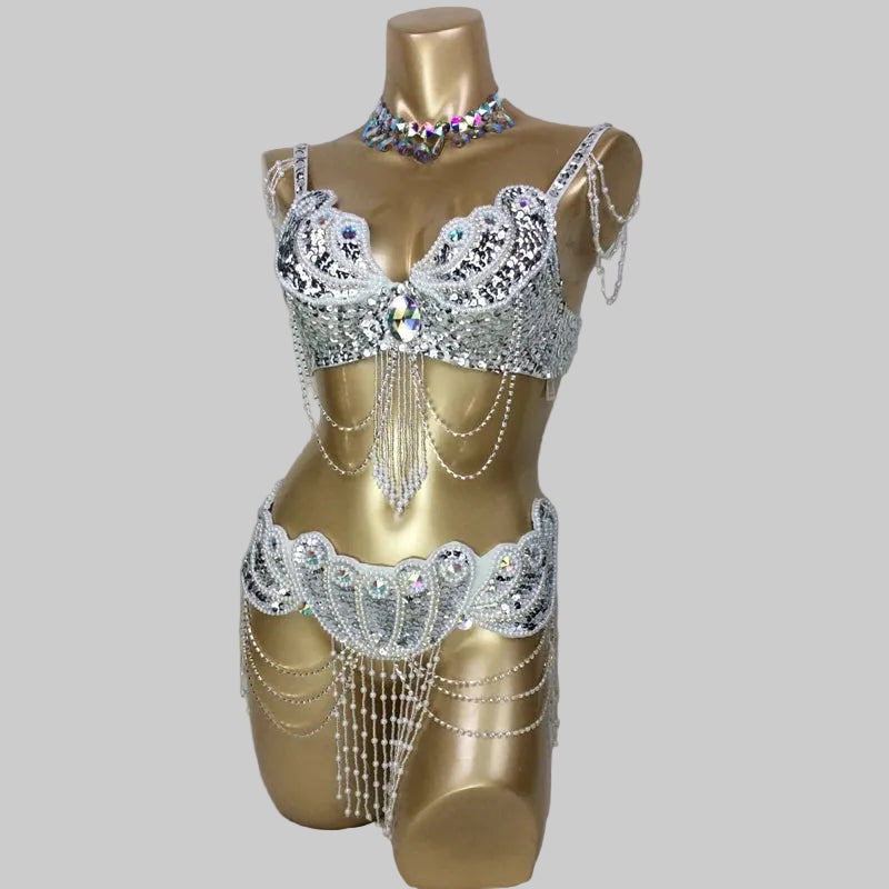 Dazzling Beaded Belly Dance Costume Set - Bra, Belt & Necklace (3-Piece)