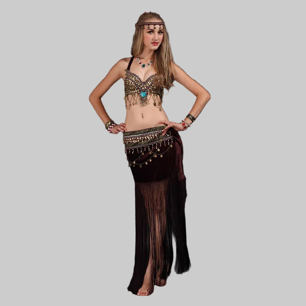 Tribal Belly Dance Costume Set - Coin Bra & Hip Scarf with Masquerade Emblem