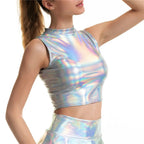 Holographic Mock-Neck Crop Tank | Metallic Sleeveless Top