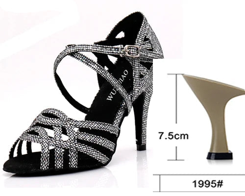 Rhinestone Latin Dance Sandals | Thin Heel | 6–10cm | Black, Silver & Gold