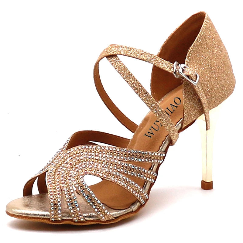 Sequin Rhinestone Ballroom Dance Heels | Gold & Blue | 75–85mm