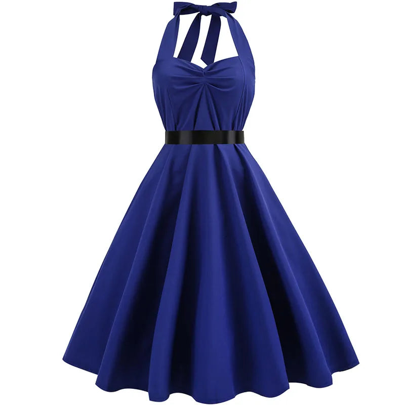 Vintage Halter Swing Dress | Polka Dot & Solid | 50s Rockabilly