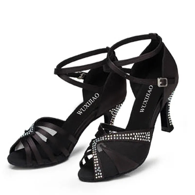 Rhinestone Satin Latin Dance Sandals | Thin Heel | 6–10cm | Black, Red & Orange