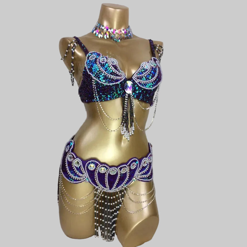 Dazzling Beaded Belly Dance Costume Set - Bra, Belt & Necklace (3-Piece)