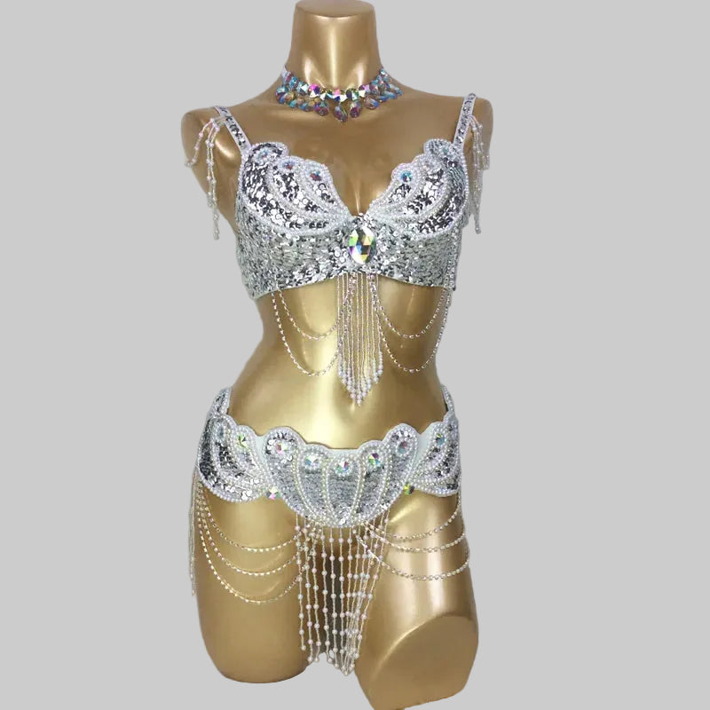Dazzling Beaded Belly Dance Costume Set - Bra, Belt & Necklace (3-Piece)
