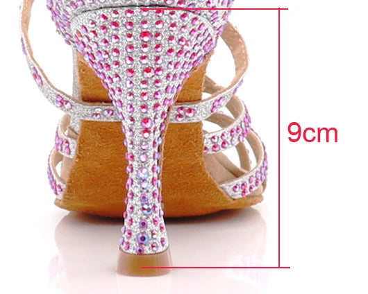 Rhinestone Satin Latin Dance Heels | Open Toe | Pink & Silver