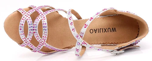 Rhinestone Satin Latin Dance Heels | Open Toe | Pink & Silver