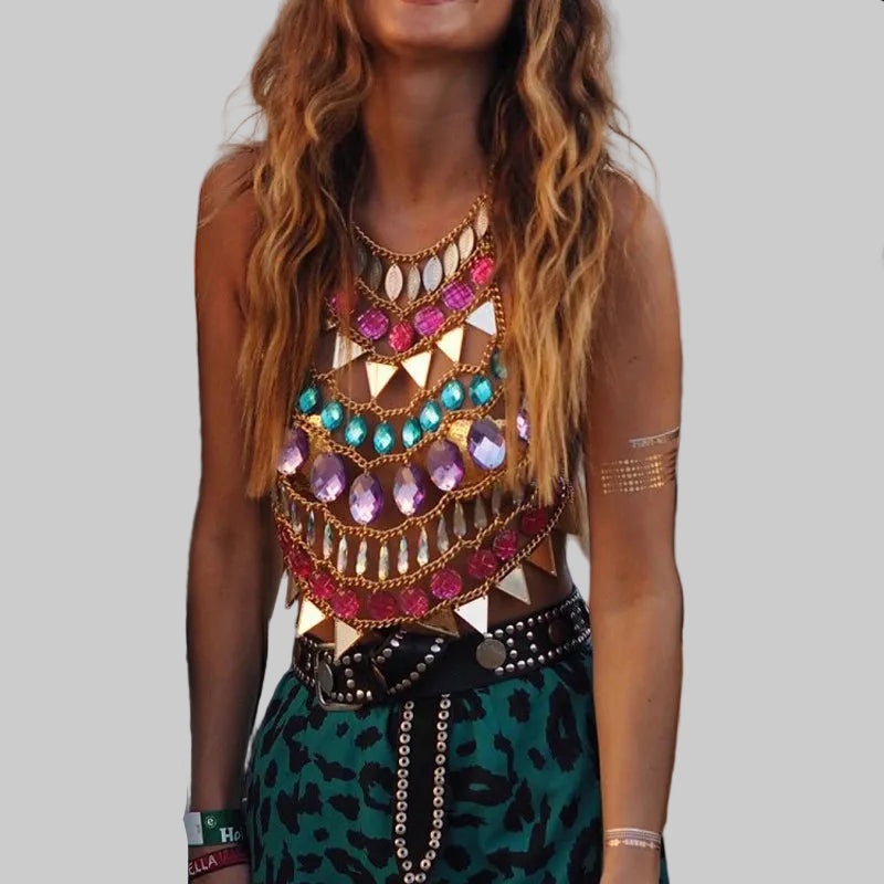 Crystal Halter Crop Top - Gem Embellished Festival Tank Top