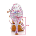 Rhinestone Satin Latin Dance Heels | Open Toe | Pink & Silver