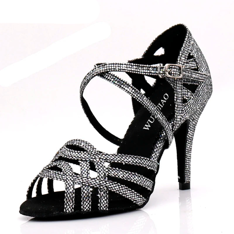 Rhinestone Latin Dance Sandals | Thin Heel | 6–10cm | Black, Silver & Gold