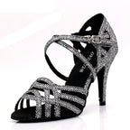 Rhinestone Latin Dance Sandals | Thin Heel | 6–10cm | Black, Silver & Gold