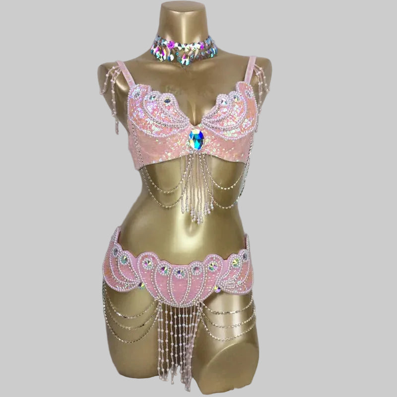 Dazzling Beaded Belly Dance Costume Set - Bra, Belt & Necklace (3-Piece)