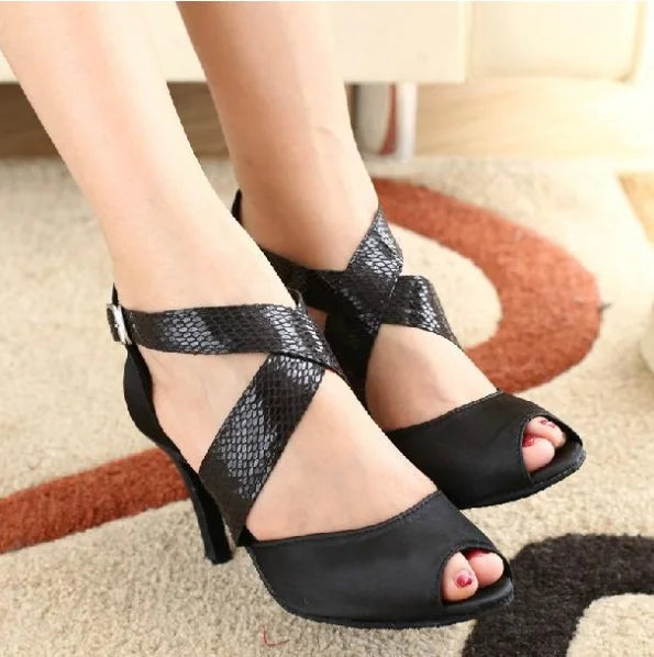 Black Satin Latin Dance Heels | Cross-Strap | Multi-Height