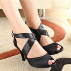 Black Satin Latin Dance Heels | Cross-Strap | Multi-Height
