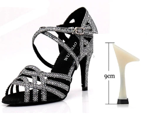 Rhinestone Latin Dance Sandals | Thin Heel | 6–10cm | Black, Silver & Gold