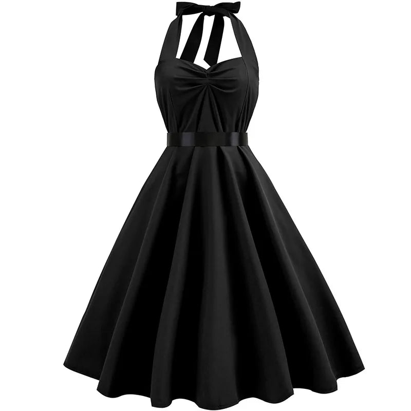 Vintage Halter Swing Dress | Polka Dot & Solid | 50s Rockabilly