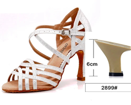Rhinestone Latin Dance Sandals | Thin Heel | 6–10cm | Black, Silver & Gold