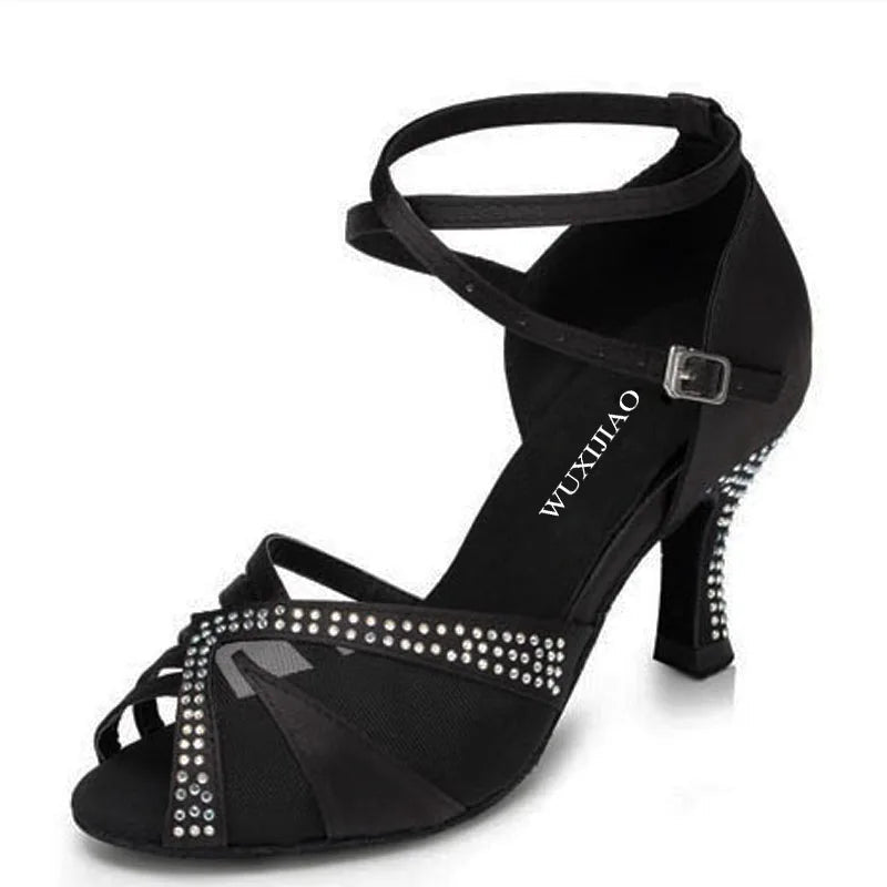 Rhinestone Satin Latin Dance Sandals | Thin Heel | 6–10cm | Black, Red & Orange