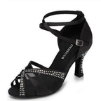 Rhinestone Satin Latin Dance Sandals | Thin Heel | 6–10cm | Black, Red & Orange
