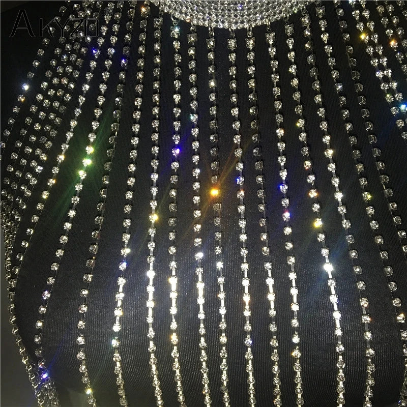 Rhinestone Tassel Long Tank Top - Turtleneck with Fringe