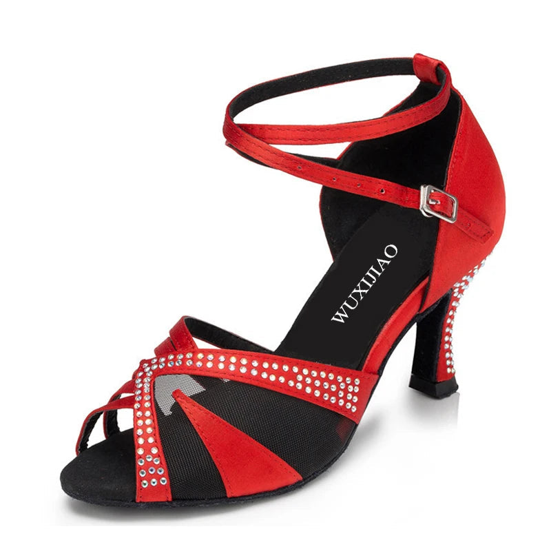 Rhinestone Satin Latin Dance Sandals | Thin Heel | 6–10cm | Black, Red & Orange