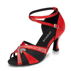 Rhinestone Satin Latin Dance Sandals | Thin Heel | 6–10cm | Black, Red & Orange