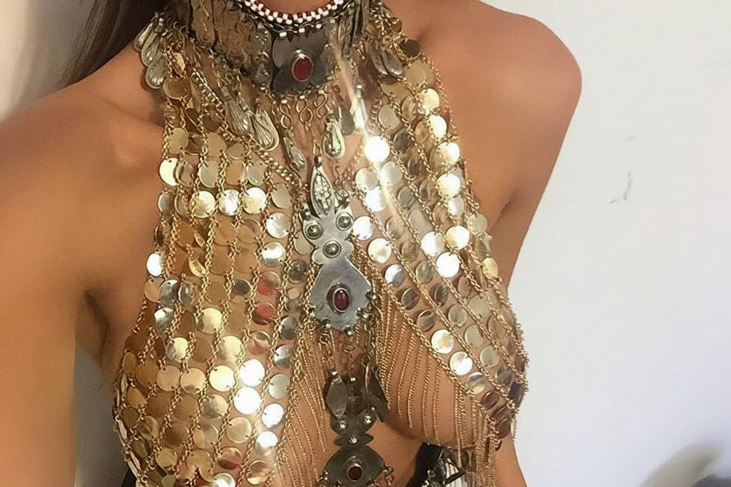 Sequin Chain Halter Top - Handmade Acrylic Performance Cami