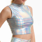 Holographic Mock-Neck Crop Tank | Metallic Sleeveless Top