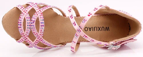Rhinestone Satin Latin Dance Heels | Open Toe | Pink & Silver