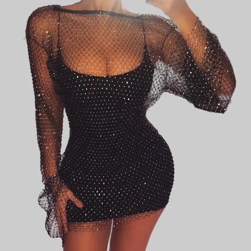 Rhinestone Fishnet Mini Dress - Long Sleeve Sheer Party Dress
