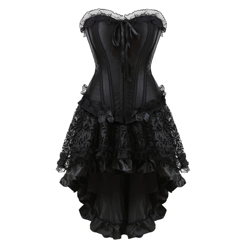 Black Gothic Overbust Corset | Hi-Low Ruffle Skirt | Lace Trim | XXS–6XL