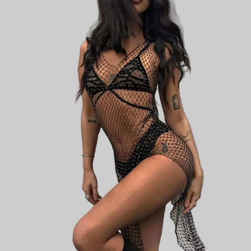 Crystal Mesh Mini Dress - Rhinestone Bodycon Nightclub Dress