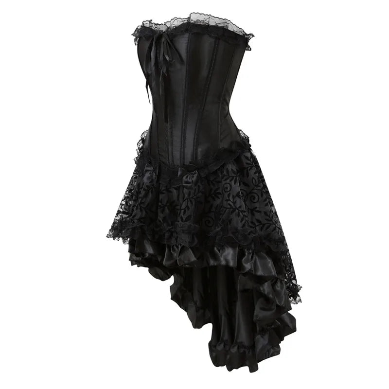 Black Gothic Overbust Corset | Hi-Low Ruffle Skirt | Lace Trim | XXS–6XL