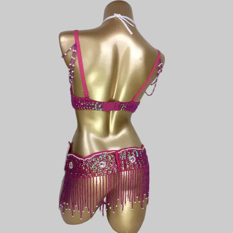 Dazzling Beaded Belly Dance Costume Set - Bra, Belt & Necklace (3-Piece)