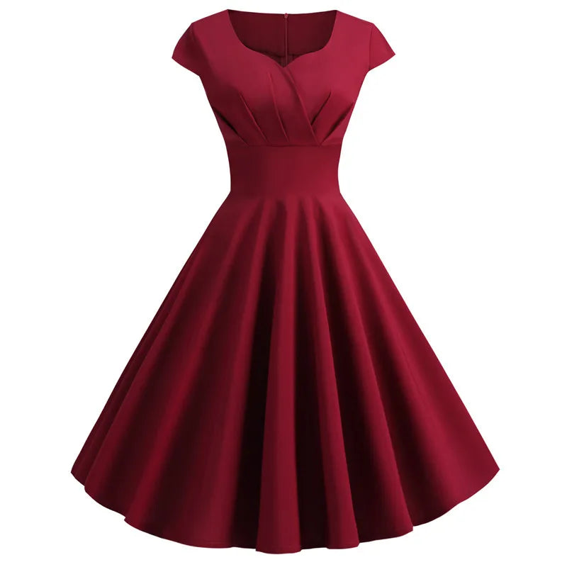 Vintage V-Neck Swing Dress | Cap Sleeve | 50s Rockabilly