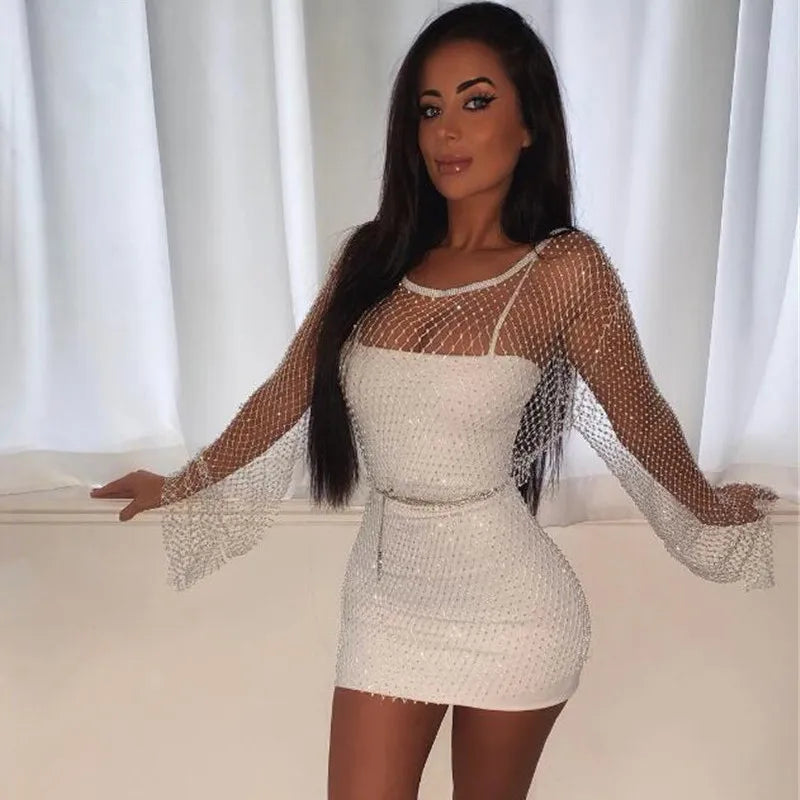 Rhinestone Fishnet Mini Dress - Long Sleeve Sheer Party Dress