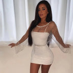Rhinestone Fishnet Mini Dress - Long Sleeve Sheer Party Dress