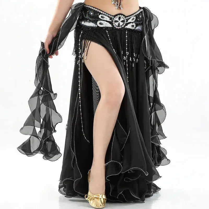 Belly Dance Chiffon Skirt | Ruffle Trim | Side Slit | 13 Colors