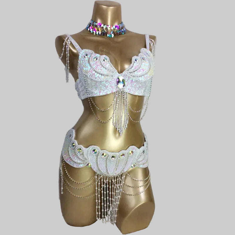 Dazzling Beaded Belly Dance Costume Set - Bra, Belt & Necklace (3-Piece)