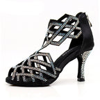 Rhinestone Cut-Out Latin Dance Sandals | Thin Heel | 6–10cm | Black & Blue
