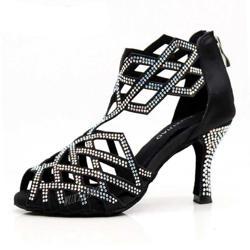 Rhinestone Cut-Out Latin Dance Sandals | Thin Heel | 6–10cm | Black & Blue