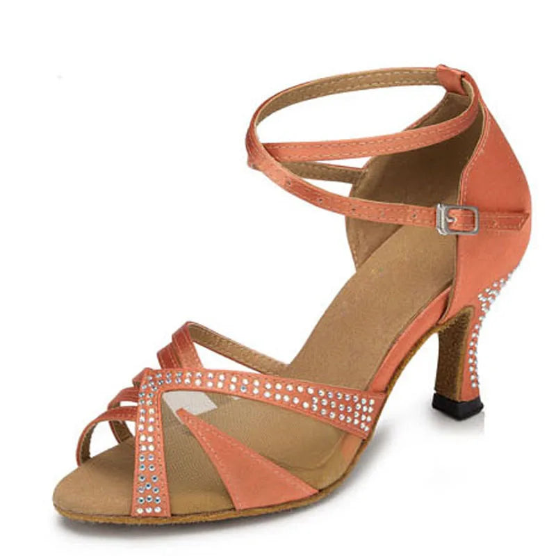 Rhinestone Satin Latin Dance Sandals | Thin Heel | 6–10cm | Black, Red & Orange