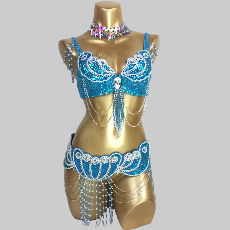 Dazzling Beaded Belly Dance Costume Set - Bra, Belt & Necklace (3-Piece)