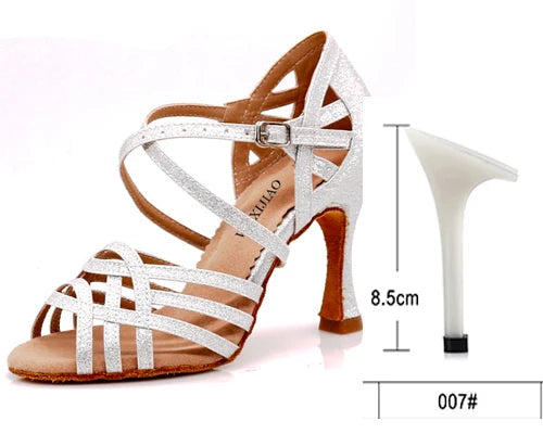 Rhinestone Latin Dance Sandals | Thin Heel | 6–10cm | Black, Silver & Gold