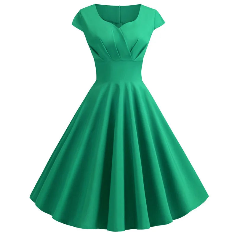Vintage V-Neck Swing Dress | Cap Sleeve | 50s Rockabilly