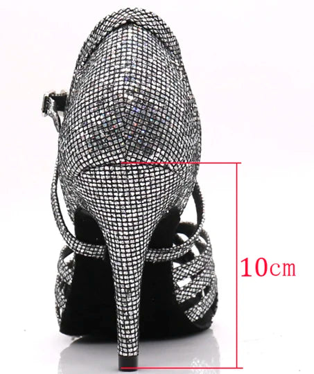 Rhinestone Latin Dance Sandals | Thin Heel | 6–10cm | Black, Silver & Gold