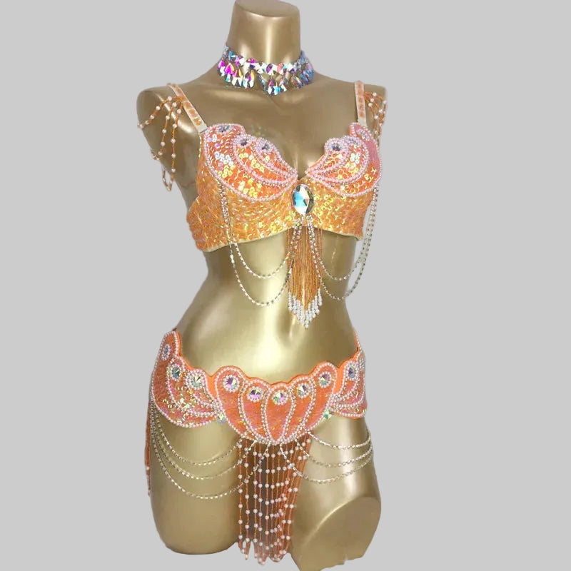 Dazzling Beaded Belly Dance Costume Set - Bra, Belt & Necklace (3-Piece)