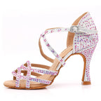 Rhinestone Satin Latin Dance Heels | Open Toe | Pink & Silver