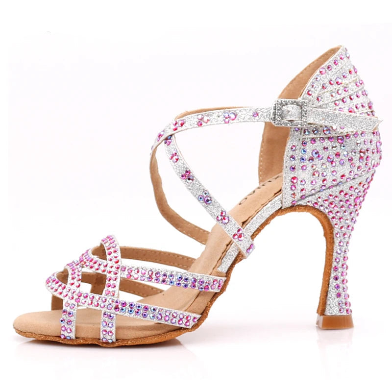 Rhinestone Satin Latin Dance Heels | Open Toe | Pink & Silver