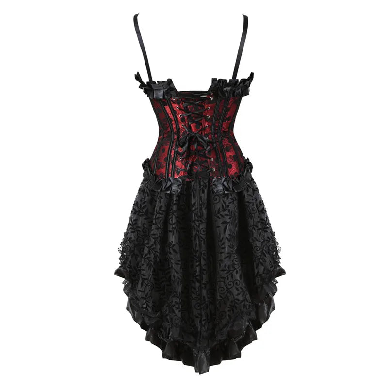 Floral Lace-Up Overbust Corset | Burlesque Set | Red & Champagne